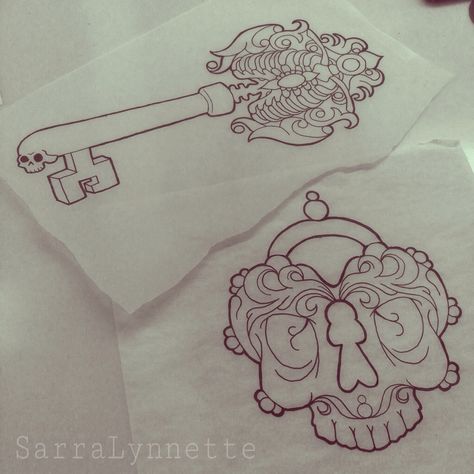 Skeleton key and skull heart locket tattoo drawings by Sarra Lynnette Skull Key And Lock Tattoo, Heart And Skull Drawing, Heart Skeleton Key Tattoo, Key And Locket Tattoo, Skull Key Tattoo, Lock Tattoos For Women, Skeleton Key Drawing, Locket Tattoo Design, Locket Drawing