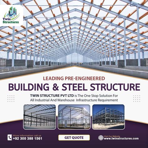 Want To Build Strong & Best Quality Pre-Engineered Building? Twin Structures TWIN STRUCTURES OFFERS A COMPREHENSIVE AND WIDE RANGE OF QUALITY PRE-ENGINEERED STEEL BUILDINGS, STEEL STRUCTURES AND MECHANICAL WORKS. • TWIN STRUCTURES OFFERS A COMPLETE SOLUTION FOR EVERY KIND OF CIVIL CONSTRUCTION AND MAINTENANCE WORKS. • COMPANY OFFERS STRONG DELIVERING CUSTOMER DESIGNED AND ORIENTED AND AS WELL AS COST EFFECTIVE SOLUTION FOR THEIR PROBLEMS. • OUR COMMITMENT TO EXCELLENCE PROVIDES UNMATCHED SERVI Pre Engineered Steel Buildings, Pre Engineered Buildings, Construction Logo Design, Civil Construction, Quotes For Whatsapp, Construction Logo, Building Structure, Steel Buildings, Steel Structure