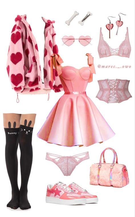 Lovecore Aesthetic Clothes, Valentine Outfit Ideas For Women, Heart Theme Outfit, Heart Core Outfits, Love Themed Outfits, Valentines Day Outfit Ideas Aesthetic, Goth Lovecore Outfit, Bimbocore Aesthetic Outfits, Soft Lovecore Aesthetic Outfits