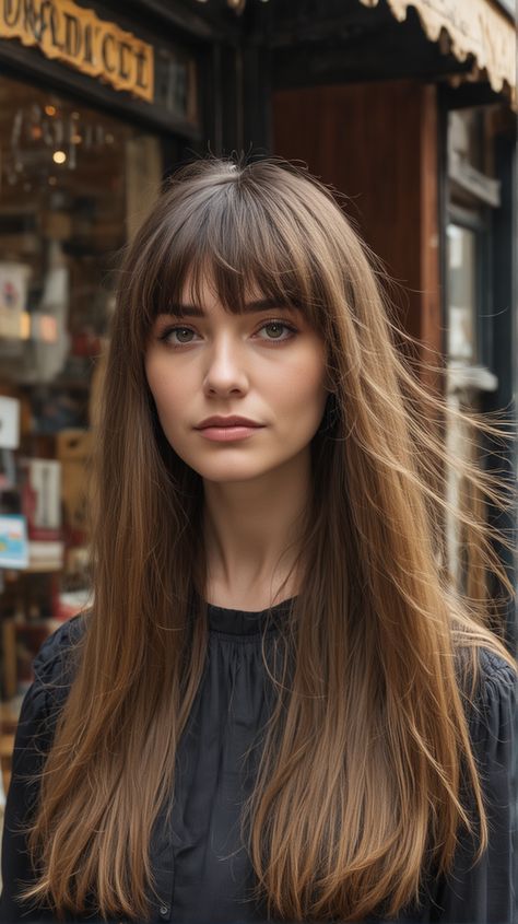 Penelope Cruz Curtain Bangs, Long Hair With A Fringe, French Bangs Long Hair Oval Face, Long Hair With French Bangs, Retro Bangs Long Hair, Bottle Neck Bangs Long Hair, French Fringe Bangs Long Hair, Long Hair With Bangs Oval Face, Bang For Oval Face