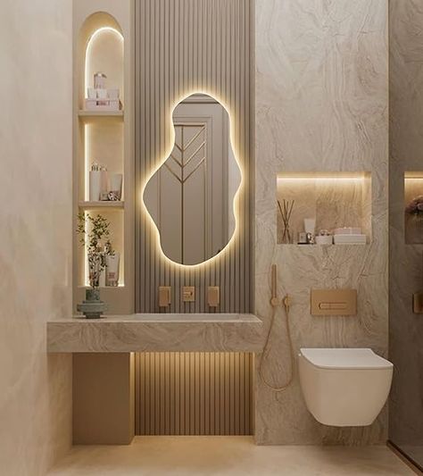 Amazon.com: FAWdecor Irregular Led Lighted Mirror for Bathroom, Asymmetrical Vanity Mirror with Lights, Washbasin Backlit Led Illuminated Wall Mirror (Warm Ligth, 74x130 cm | 29.1"x51.2") : Home & Kitchen Wash Basin Light Ideas, Small Powder Room Vanity Ideas, Toilet Mirror Ideas, Basin Ideas Bathroom, Wash Basin Mirror Design, Basin Mirror Design, Asymmetrical Vanity, Vanity Mirror Design, Powder Room Vanity Ideas