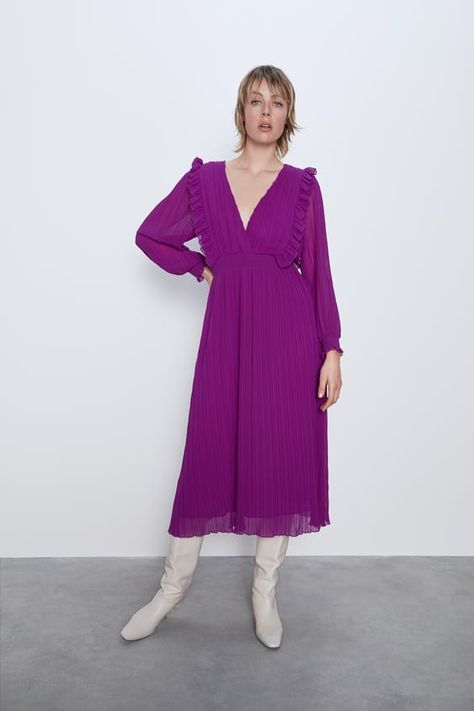 Mode Purple, Tunic Shirt Dress, Dress Zara, Belted Shirt Dress, V Neck Midi Dress, Romantic Dress, Women Midi, Pantalon Large, Purple Fashion