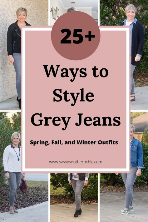 Twenty-five plus outfits featuring grey jeans shared by over 40 fashion blogger Savvy Southern Chic. Grey jeans are perfect for fall outfits. Winter outfits take on a cozy vibe with grey jeans. #falloutfits #winteroutfits Gray Jeans Outfit Winter, Gray Jeans Outfit Fall, Grey Jeans Outfit, Grey Pants Outfit, Business Casual Women, Men Business Casual, Jeans Outfit Spring, Style Business Casual, Outfit Office