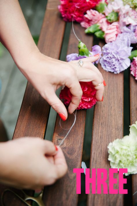 Carnation Decorations, Hanging Carnations, How To Hang Flowers On Backdrop, Diy Flower Garland Backdrops, How To Make Flower Garland, How To Make Hanging Flowers, Diy Flower Curtain Backdrop, Carnation Birthday Theme, Hanging Flowers Diy