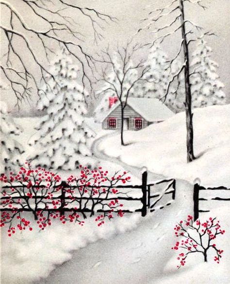 vintage Christmas snowy log cabin, fence scene Images Noêl Vintages, Vintage Christmas Images, Winter Painting, 수채화 그림, Snow Scenes, Christmas Past, Christmas Scenes, Winter Art, Vintage Christmas Cards