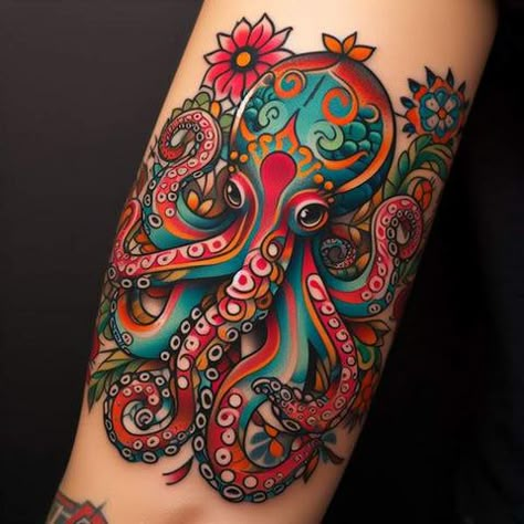 Traditional Octopus Tattoo Design, American Traditional Octopus, Traditional Tattoo Octopus, Traditional Octopus Tattoo, Octopus Tattoo Ideas, Small Octopus Tattoo, Mermaid Octopus, Octopus Tattoo Sleeve, Squid Tattoo