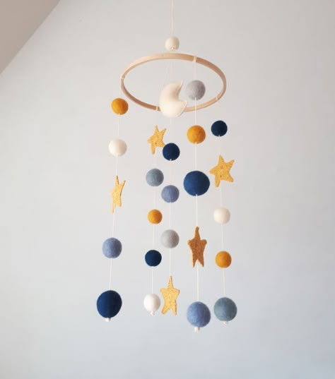 Moon Baby Mobile Space Navy Blue Grey Mustard Yellow Nursery | Etsy Grey Yellow Nursery, Yellow Baby Room, Planet Mobile, Yellow Nursery Decor, Navy Blue Nursery, Space Mobile, Pom Pom Mobile, Baby Boy Mobile, Baby Boy Cribs