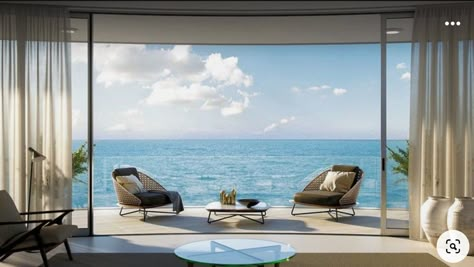 Sea View Living Room, Luxury Beach Apartment, Ocean View Living Room, Beach View House, Balcony Inspiration, Ocean View Balcony, Modern Balcony, Home Design Inspiration, Bedroom Balcony