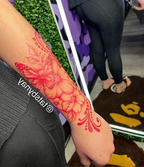 Red Arm Tattoos For Women Forearm, Arm To Hand Tattoos For Women, Red Forearm Tattoo Women, Baddie Tats Arm Sleeve, Forearm Tats For Women, Red Tattoo Sleeve, Red Sleeve Tattoo, Color Tattoos For Women, Work Tattoo Ideas