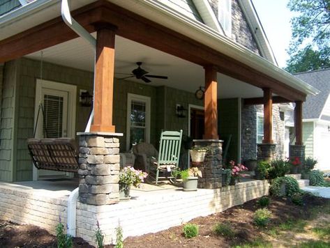 Porch Column Makeover – Faux-Real! | thesavvyseeker Porch Columns Makeover, Craftsman Columns, Craftsman Style Porch, Southern Porch, Front Porch Stone, Craftsman Porch, Front Porch Columns, Porch Remodel, Wood Columns