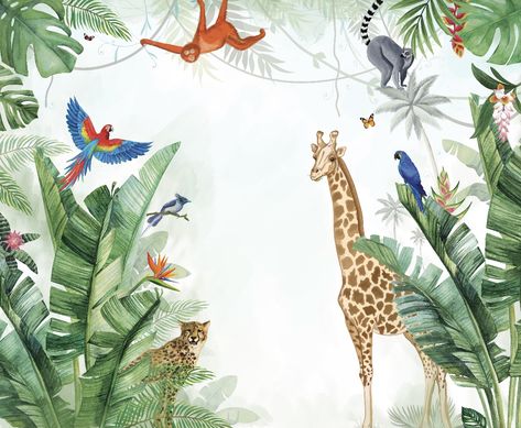 Animal Line Drawings, Cat Themed Birthday Party, Animal Theme Birthday, Jungle Mural, Jungle Birds, Jungle Flowers, Jungle Theme Birthday, Baby Animal Drawings, Jungle Illustration