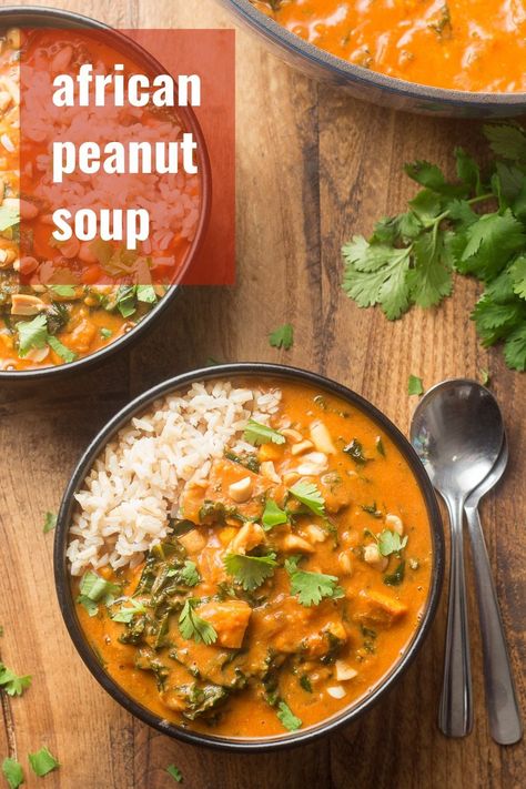 Rich, creamy, and packed with flavor! Made with sweet potato chunks and hearty kale, this African peanut soup is perfect for dinner and easy to make. Naturally vegan and gluten-free too! #veganrecipes #peanutsoup #vegansoup Peanut Soup African, Sweet Potato Chunks, African Peanut Soup, African Peanut Stew, Peanut Stew, Peanut Soup, Vegan Soup Recipes, Vegan Soup, Potato Soup