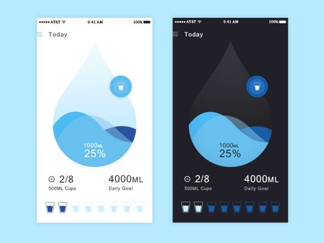 Hello dribbblers! Hope your day is going well! Excited to upload my first work shot. The shot shows Visual concept of Water tracking application with light and dark theme. I was focused on keeping... Water Reminder, Ui Ux App, Water Branding, Smart Home Design, Tracking App, Ios Design, App Design Inspiration, App Interface, Application Design