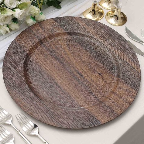 Arrives by Mon, Jan 22 Buy Efavormart 6 Pack | 13" Dark Brown Boho Chic Faux Wood Plastic Charger Plates, Round Rustic Wedding Party Service Plates at Walmart.com Wood Plate Chargers, Boho Themed Party, Rustic Wedding Party, Round Table Sizes, Wood Chargers, Country Style Wedding, Wood Grain Texture, Charger Plate, Tablecloth Sizes