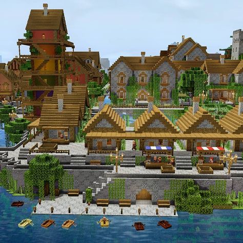 MinecraftGranny on Instagram: “Today I have finished the western part of Brexitville with a fishmarket and can begin to build on the empty surfaces of the southern part.…” Minecraft Shipping Dock, Minecraft Harbor Town, Town Center Minecraft Ideas, Minecraft Sea Village, Minecraft Merchant Stall, Fishing Village Minecraft, Minecraft River Village, Minecraft Seaside Town, Minecraft Shopping District