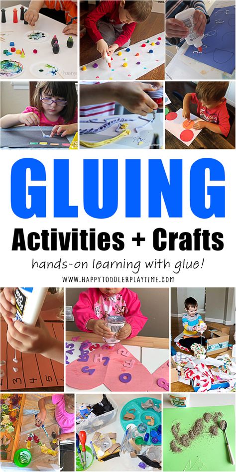 More than 20 fun and easy gluing activities and crafts for your toddler and preschooler. Hands-on learning ideas using glue! Glue Board Preschool, Gluing Activity For Preschool, Preschool Gluing Activities, Toddler Glue Activities, Glueing Activities For Preschool, Glue Activity For Preschool, Glue Crafts For Toddlers, Glue Activities For Toddlers, Montessori Art Activities Preschool