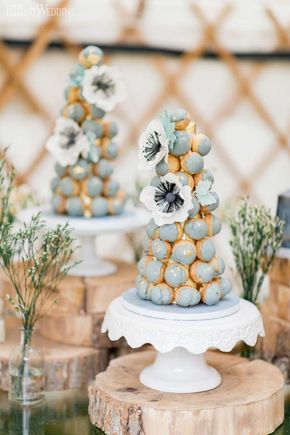 Dusty Blue Sweet Table, Croquembouche Wedding Cake, Ratatouille Wedding, Madeline Tower, Croquembouche Tower, Blue Dessert Table, Croquembouche Wedding, June Wedding Colors, French Wedding Cakes