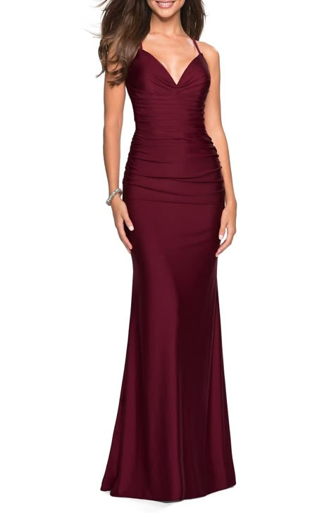 Free shipping and returns on Strappy Back Ruched Trumpet Gown at Nordstrom.com. Beguile from your remarkable entrance through your reluctant exit in this high-sheen trumpet gown styled with an open, strappy back and fit-perfecting ruching. An elegant train entices as it follows your every step. Maroon Prom Dress, Maroon Bridesmaid Dresses, Long Jersey Dress, Burgundy Bridesmaid Dresses Long, Trumpet Gown, Burgundy Bridesmaid Dresses, Inner Goddess, Column Gown, Burgundy Dress