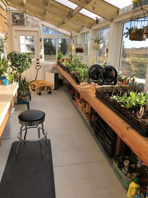 Garden In Sunroom, In Home Garden Ideas, Kitchen Garden With Greenhouse, Porch Into Greenhouse, Greenhouse Connected To Kitchen, One Acre Garden, Garden Green House Ideas, Sunroom For Plants, In Home Greenhouse