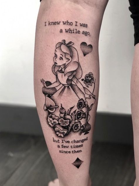 Disney Characters Tattoos, Simple Unique Tattoos, Simple Cat Tattoo, Illusion Tattoo, Vibrant Tattoos, Alice In Wonderland Tattoo, Line Art Simple, Disney Sleeve Tattoos, Alice And Wonderland Tattoos