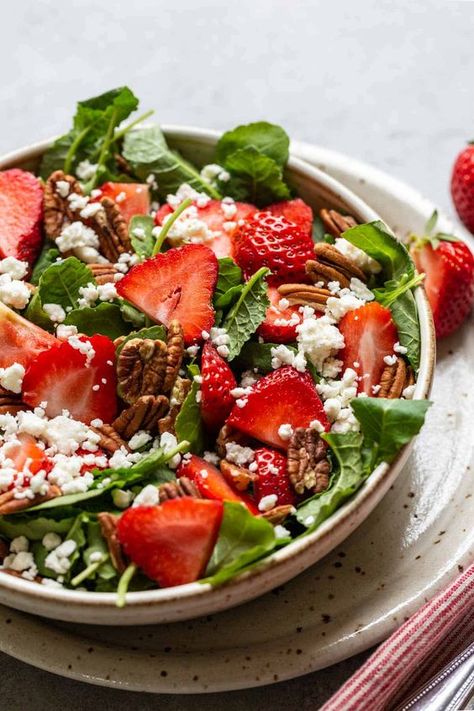 Kale Salad Strawberries, Ambitious Kitchen Kale Couscous Salad, Salad With Pecans, Strawberry Feta Salad, Simple Balsamic Vinaigrette, Toast Aperitif, Strawberry Feta, Best Summer Salads, Creamy Feta