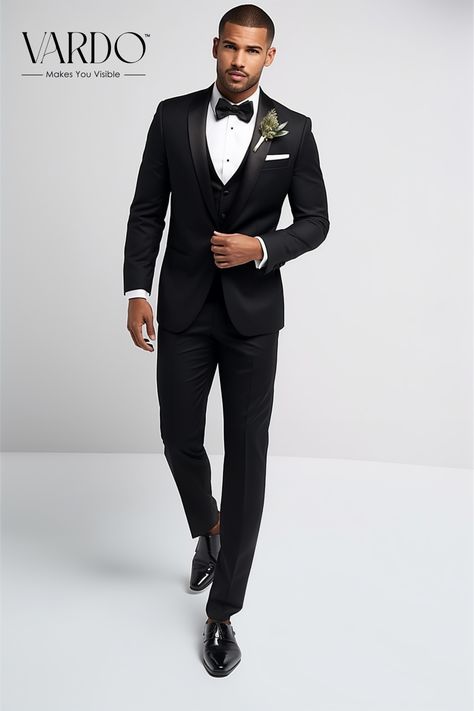 Black Three Piece Shawl lapel Suit, Black tuxedo. Black Tuxedo Wedding, Men's Tuxedo Wedding, Wedding Suits Men Black, Groom Suit Black, Black Men Suits, Sleek Wedding, Event Attire, Wedding Tux, Black Tie Attire