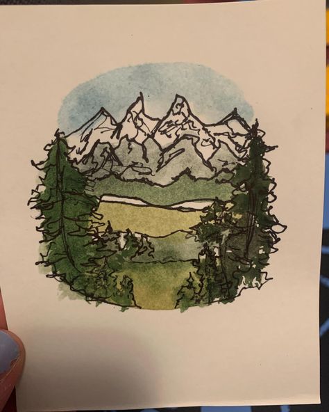 Mountains Doodle Art, Outdoorsy Sketches, Hiking Watercolor Paintings, Watercolor Sharpie Art, Mountain Marker Drawing, Granola Painting Ideas, Mountain Aesthetic Painting, Sharpie And Watercolor Art, Outdoorsy Paintings