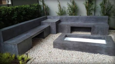 Concrete Outdoor Seating Area, Boma Ideas Fire Pits, Boma Ideas, Concrete Bench Outdoor, Outdoor Fire Pit Seating, Backyard Seating Area, Backyard Design Ideas, Courtyard Gardens Design, Concrete Bench