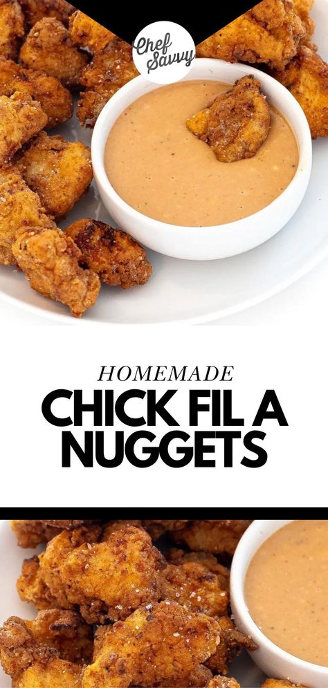 Learn How to Make Homemade Copycat Chick Fil A Nuggets Recipe! Chick Fil A Nuggets are a delicious homemade copycat recipe that is the perfect alternative to going to the drive-thru! Featuring tender chicken breast coated in a flavorful, crispy coating and dipped in your favorite Chick Fil A sauce! Follow Chef Savvy for more chicken Recipes! Chick Fil A Nuggets Recipe, Chick Fil A Chicken Nuggets Recipe, Copycat Chick Fil A Nuggets, Barbecue Sauce Chicken, Chick Fil A Nuggets, Chef Savvy, Copycat Chick Fil A, Chick Fil A Sauce, Restaurant Inspired Recipes