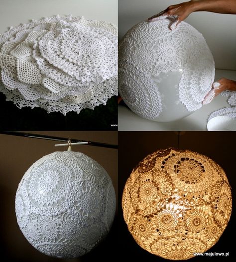 Several crochet napkins, glue and a big balloon. A few hours and amazing lamp ready. Crochet Chandelier Pattern, Yarn Lamp Shade, Crochet Light Fixture, Crochet Lamp Shade, Crochet Napkins, Crochet Flower Lamp Pattern, Amazing Lamp, Crochet Lamp, Doily Art