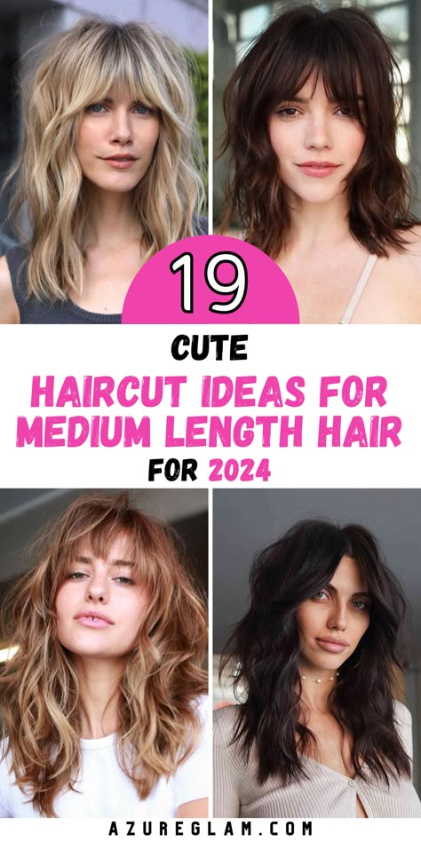 Bid adieu to lackluster hair in 2024 and embrace an era of contemporary style with our avant-garde haircut ideas for medium length hair. Whether you covet layers that infuse texture or crave the elegance of bangs, our collection offers an orchestra of choices designed to cater to diverse preferences. Witness the transformative power of these haircuts as they breathe life into your hair's natural charm. Collarbone Length Haircut With Bangs, Woman’s Medium Haircut, Medium Length Hair With Textured Layers, Layers With Bangs Medium Hair, Haircuts With Bangs Medium Length, Womens Short Hairstyles With Bangs, Medium Length Haircuts 2024, Haircuts To Create Volume, 2024 Thick Hair Cuts