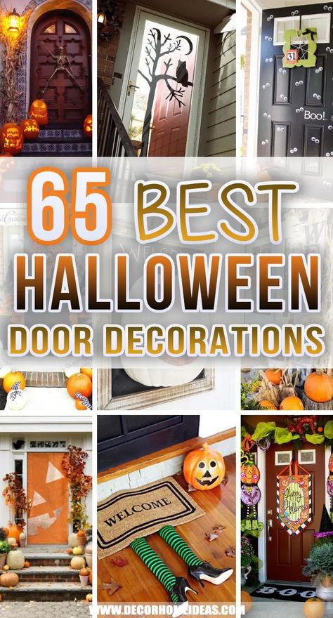 Best Halloween Door Decorations. Get ready for Halloween by welcoming your guests with one of these creative Halloween door decorations. They are cheap and easy DIY projects. #decorhomeideas Diy Halloween Decorations Front Door, Door Decoration Ideas For Halloween, Halloween Door Office Decorations, Halloween Decorating Door Contest, Apt Door Halloween Decorations, Easy Diy Front Porch Halloween Decor, Decorating A Door For Halloween, Halloween Doorstep Decorations, Halloween Glass Door Decorations