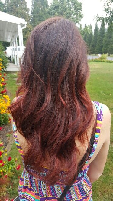 Dark brown hair with red ombre Dark Red Hair Over Brown, Brown Hair With Red Balayage Highlights, Brown Into Red Ombre, Light Brown To Red Ombre, Brown On Top Red On Bottom Hair, Reddish Brown Ombre Hair, Natural Red Ombre Hair, Light Red Ombre Hair, Ombre Brown To Red Hair