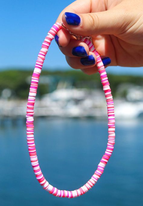 Trendy Pink Heishi Beads, Festival Handmade Heishi Beads Choker, Pink Choker Jewelry For Festival, Festival Heishi Beads Choker Necklace, Festival Pink Round Beads Choker, Pink Round Beads Choker For Festival, Handmade Heishi Beads Choker As Gift, Handmade Heishi Bead Choker Perfect As A Gift, Pink Festival Choker Necklace