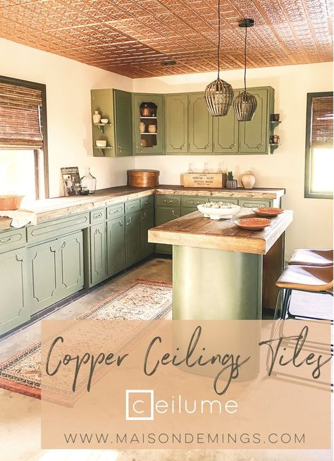 Tin Ceiling Tiles Kitchen, Tin Ceiling Kitchen, Copper Ceilings, Copper Ceiling Tiles, Copper Tile Backsplash, Spanish Style Kitchen, Tile Renovation, Copper Backsplash, Copper Ceiling