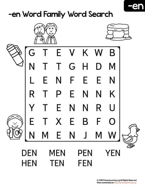 With this word, search kids read and find words with the EN ending. Start with the easiest version and move forward to the second. Teaching From Rest, Phonics Sounds Chart, Learning To Spell, Reading In Kindergarten, Word Puzzles For Kids, Word Family Activities, Family Word, Alphabet Line, Cvc Words Kindergarten