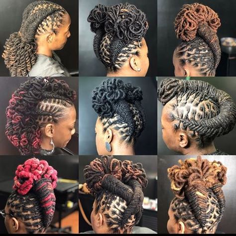 Loc Petal MoHawk 😍 😍 Done at Karibbeankinks Natural hair salon ☎️ text (301)996-1285 📍location : 557 Ritchie Rd Capitol Heights MD 20743… Ras Hairstyles For Women, Curly Locs Styles, Mohawk Loc Styles Black Women, Dreadlocks Styles For Women Black, Loc Mohawk Styles, Updo Locs Hairstyles For Women, Dreadlock Wedding Hairstyles, Starting Locs, Loc Curls