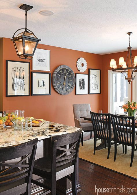 Orange Kitchen Walls, Orange Dining Room, Dining Room Wall Color, Kitchen Dining Room Combo, Room Wall Colors, Dining Room Remodel, Fresh Kitchen, Morning Room, Living Room Orange