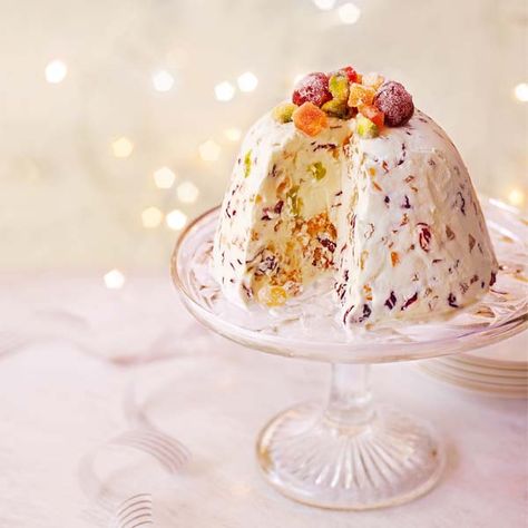 Spiced fruit, mascarpone and muscat semifreddo Festive Dessert Recipes, Traditional Christmas Desserts, Semifreddo Recipe, Gourmet Christmas, Christmas Ice Cream, Xmas Recipes, Xmas Desserts, Spiced Fruit, Ice Cream Mix