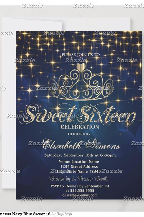 Gold Tiara Stars Princess Navy Blue Sweet 16 Invitation Blue Sweet 16, 16 Invitations, Gold Tiara, Sweet 16 Invitations, Sweet 16, Tiara, Navy Blue, Navy, Stars