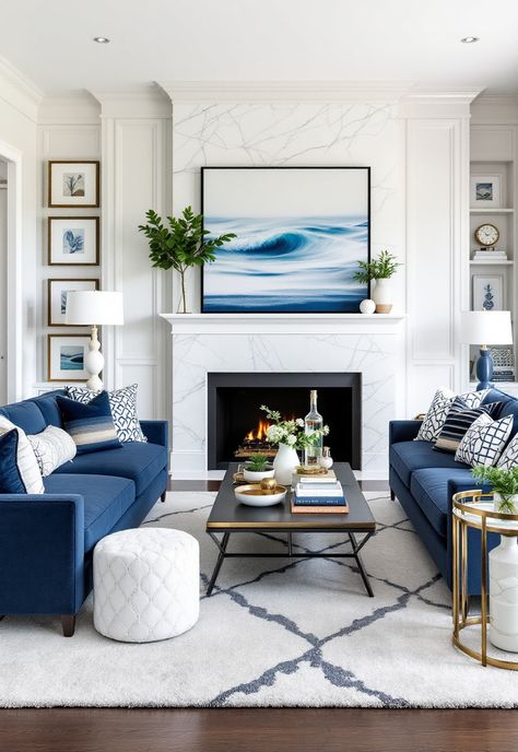 Coastal Living Room Coastal Navy Blue Living Room, Modern Nautical Living Room, White Blue Living Room Ideas, Modern Beach Condo Decor, Coastal Classic Living Room, Monochromatic Blue Living Room, Navy And White Living Room Ideas, Blue And White Living Room Coastal, Moody Coastal Decor