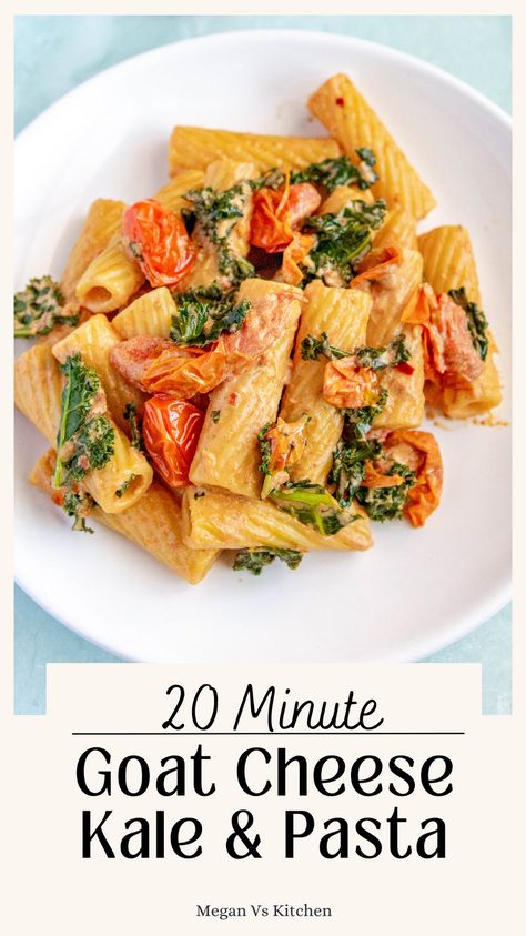 Goat cheese and Kale Pasta has a creamy goat cheese sauce with juicy cherry tomatoes, kale, and loads of garlic. This only takes 20 minutes and is so so easy to make! Tomato Goat Cheese Pasta, Fun Pasta Shapes, Lunch Recipies, Goat Cheese Sauce, Baked Feta Recipe, Tomato Goat Cheese, Fun Pasta, Cheese Pasta Recipes, Kale Pasta