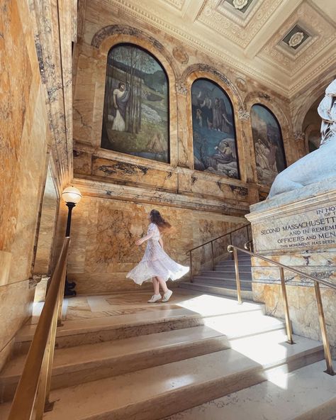 Woman twirling in the art hall of the Boston Public Library Boston Senior Pictures, Boston Public Library Photoshoot, Academic Photoshoot, Old Buildings Aesthetic, Boston Photoshoot, Library Shoot, Boston Library, Boston Fall, Buildings Aesthetic