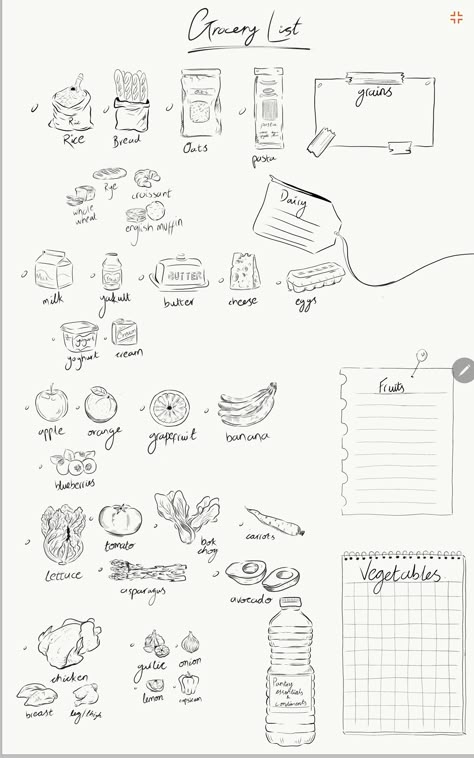 Grocery List Journal, Grocery List Drawing, Grocery Drawing, Grocery List Aesthetic, Aesthetic Grocery List, Grocery Planning, Grocery List Template, Magazine Layout Design, Wreck This Journal