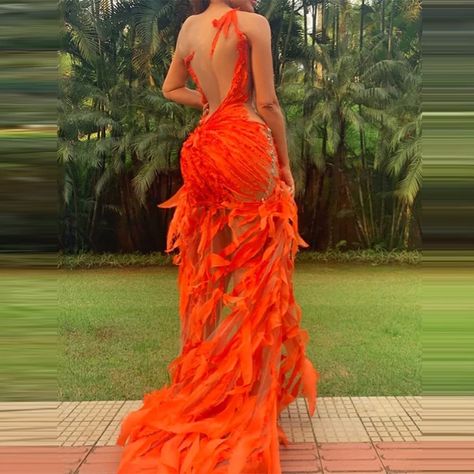 Orange Mermaid Prom Dress, Prom Dresses Tight, Orange Mermaid, Orange Prom Dresses, High Low Prom Dress, Long Gowns, Prom Dresses Sleeveless, Dresses Tight, Jewel Neck