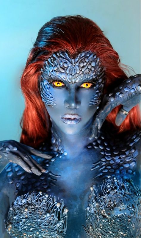 Blue Full Face Makeup, Mystique Xmen Costume, Mystic Xmen, Mystic Makeup, Mystique Makeup, Raven Makeup, Mystique Cosplay, Mystique Xmen, Mystique Costume