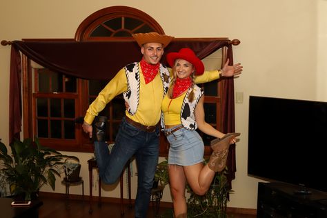 Jessy And Woody Costumes, Andy And Jessie Couple Costume, Woody And Jessie Costumes Couple Diy, Cowboy Couple Halloween Costumes, Couple Halloween Costumes Cowboy And Cowgirl, Toy Story Woodie And Jessie Couples Costume, Jessie And Woody Costumes Couple, Jesse And Woody Costume Couple, Couples Costume Cowboy And Cowgirl