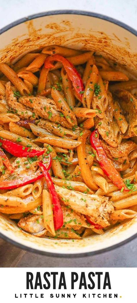 Sauteed Bell Peppers, Jerk Chicken Pasta, Rasta Pasta Recipe, Spicy Pasta Recipes, Rasta Pasta, Spicy Pasta, Jamaican Dishes, Creamy Pasta Recipes, Caribbean Style