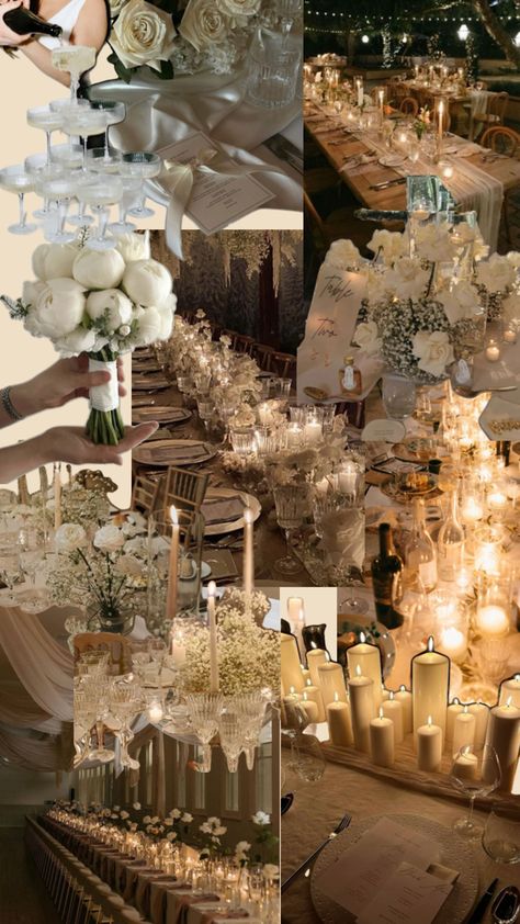 Small intimate wedding reception Neutral Wedding Reception Decor, U Shape Wedding Reception Tables, Whimsical Wedding Theme Romantic, Cream Wedding Decorations, Beige Aesthetic Wedding, Champagne Black And White Wedding, Champagne And White Wedding, Large Wedding Reception, Cream And White Wedding