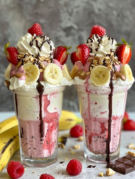 Banana Split Milkshake, Pretty Summer Desserts, Strawberry Banana Milkshake, Ice Creamery, Sundae Cup, Banana Slices, Cream Fresh, Maraschino Cherries, Strawberry Syrup